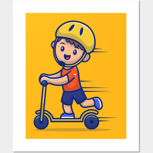 Cute Boy Playing Scooter Electric Posters and Art